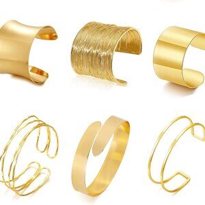 6pcs Gold Chunky Cuff Bracelets Set for Women - Adjustable Open Design Party Jew